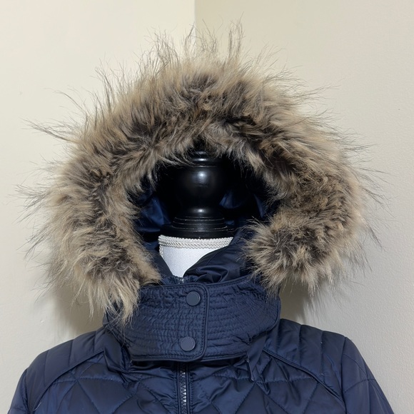 Marc New York Womens Chevron Quilted Down Jacket/Removable Faux Fur Hood L Navy - Picture 8 of 13